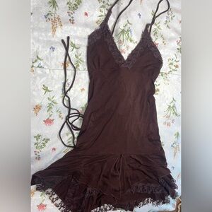 Ruffled Lace Forest Mini Dress w Corset Back Brown S/M Stretch Fairy Dress